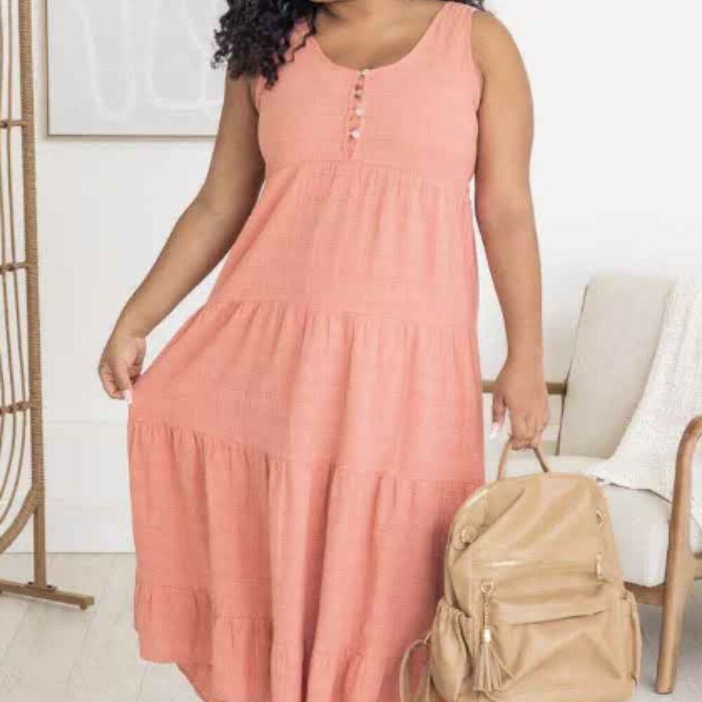 Pink Lily State Of Grace Terracotta Button Detail Tiered Midi Dress Small